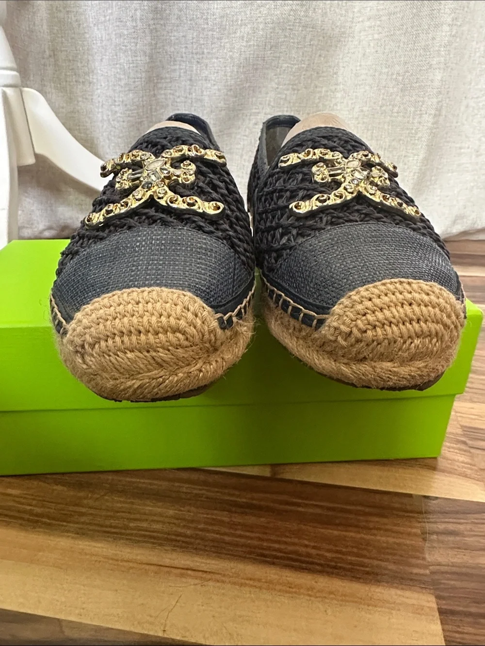 Sam Edelman Navy Woven Espadrille Flats with Gold Logo